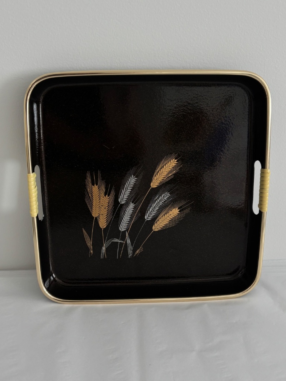 Vintage Japanese black lacquer serving tray wheat stalk design rattan wrapped
